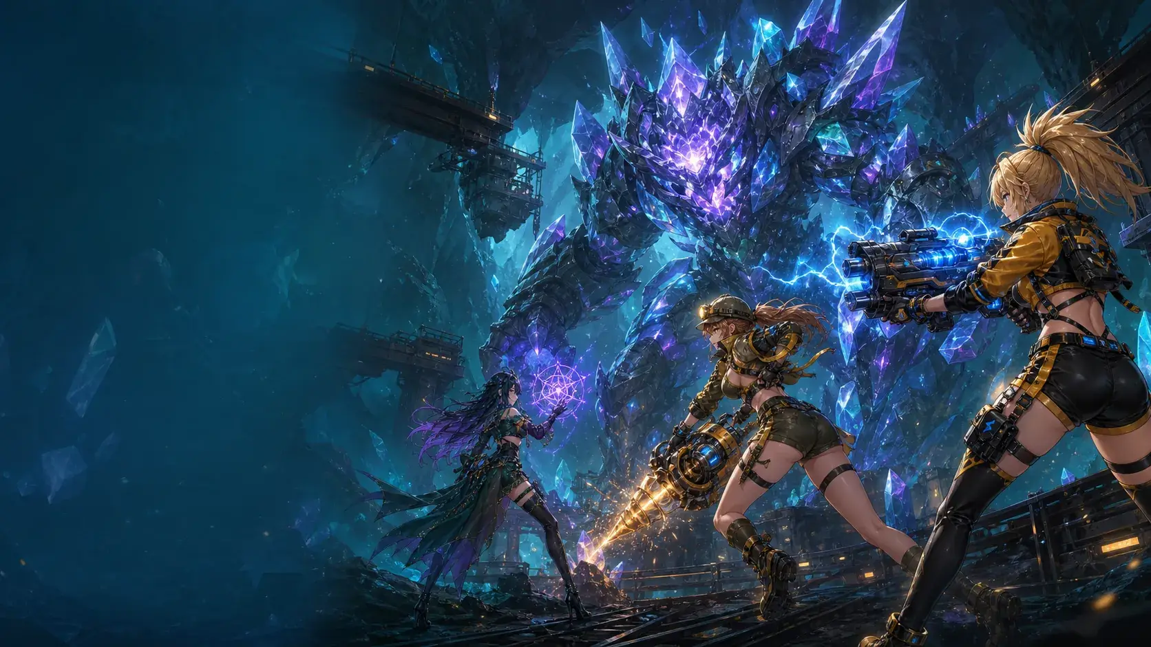A STARDIG expedition squad facing a giant crystal boss in the mines